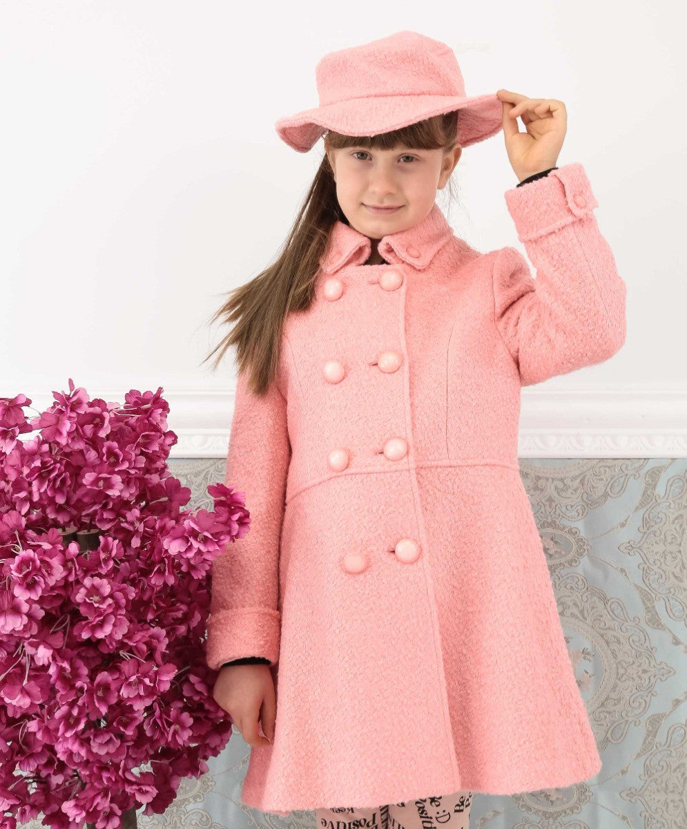 Girls Wool Double-Breasted OverCoat Set - ELIZABETH - Dark Pink