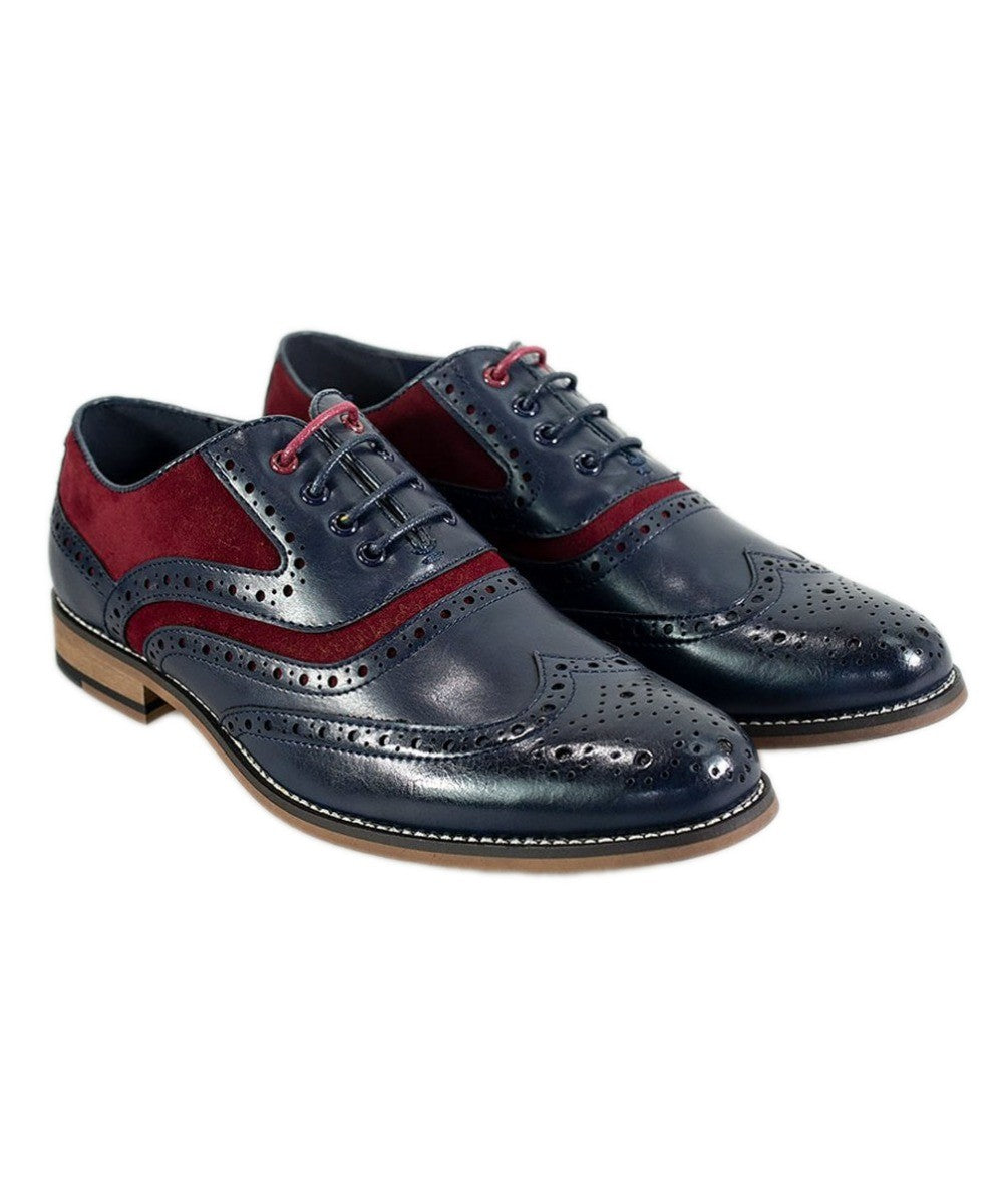 Men's Suede & Leather Oxford Brogue Shoes - ETHAN - Navy - Red