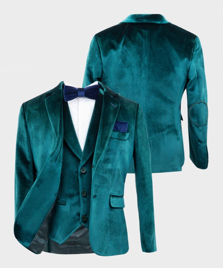 Boys Tailored Fit Velvet Suit with Elbow Patches - Green