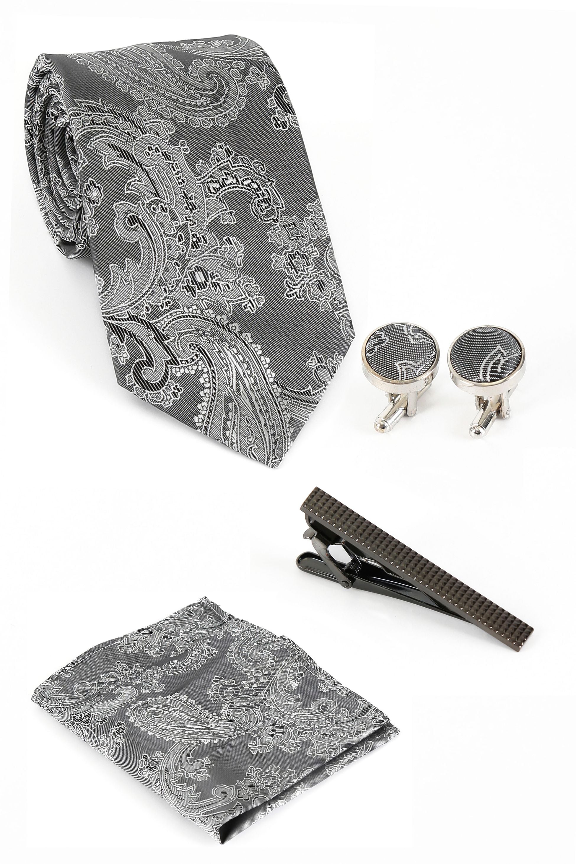 Men's Paisley Tie Cufflink Set - Grey