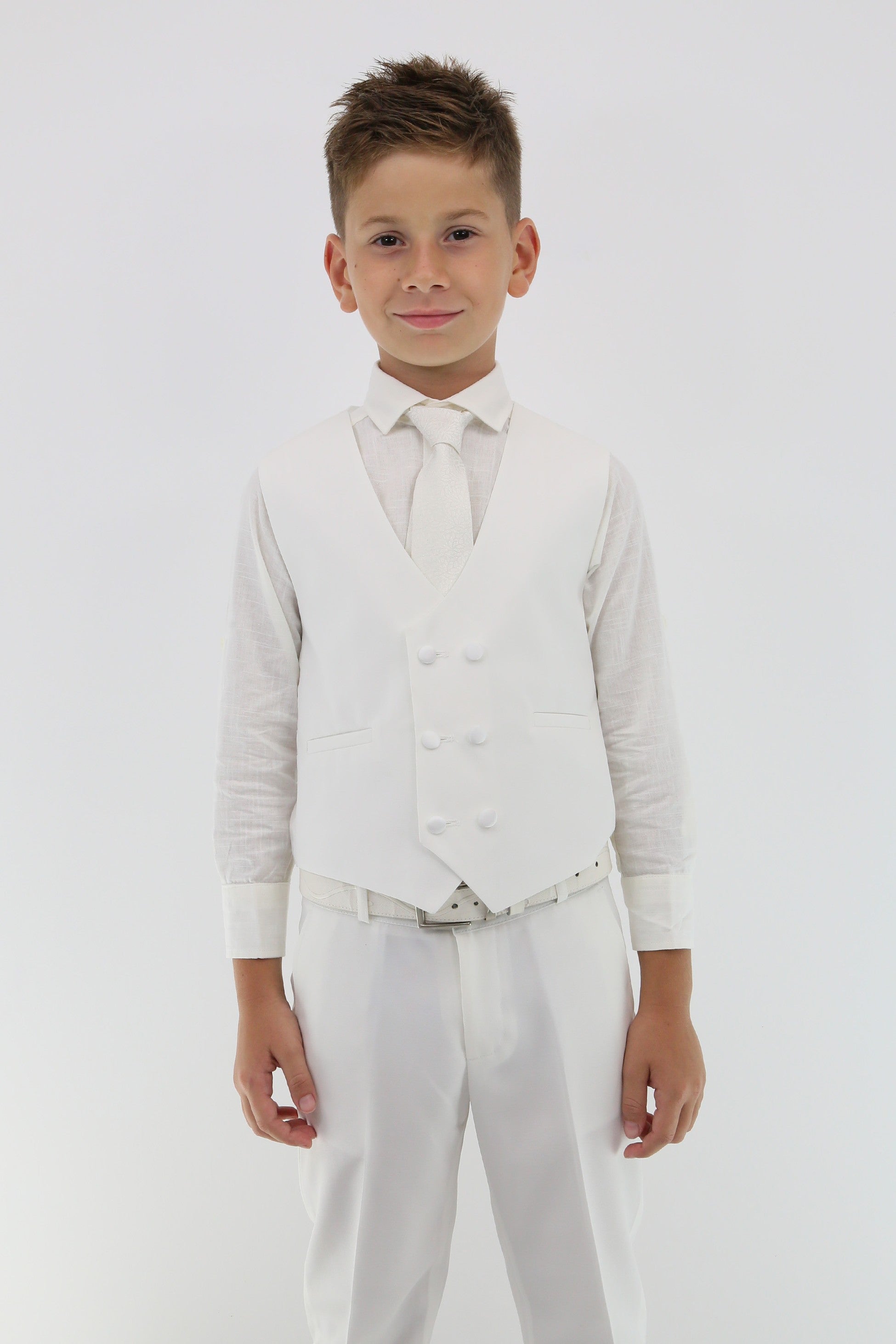 Boys Suit with Double Breasted Vest 7 PC Set - Ivory