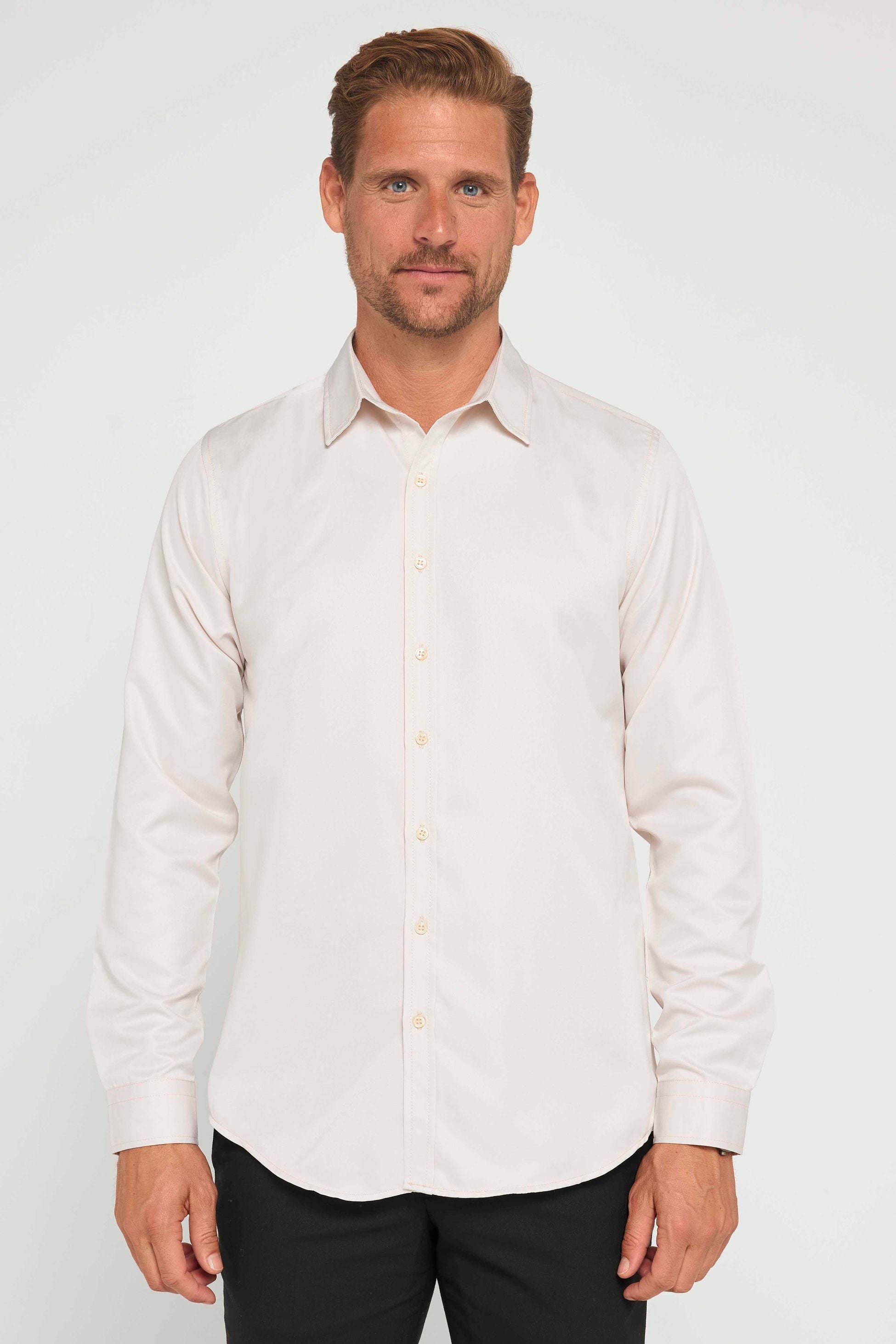 Men's Slim Fit Long Sleeve Dress Shirt - POLY - Stone Beige