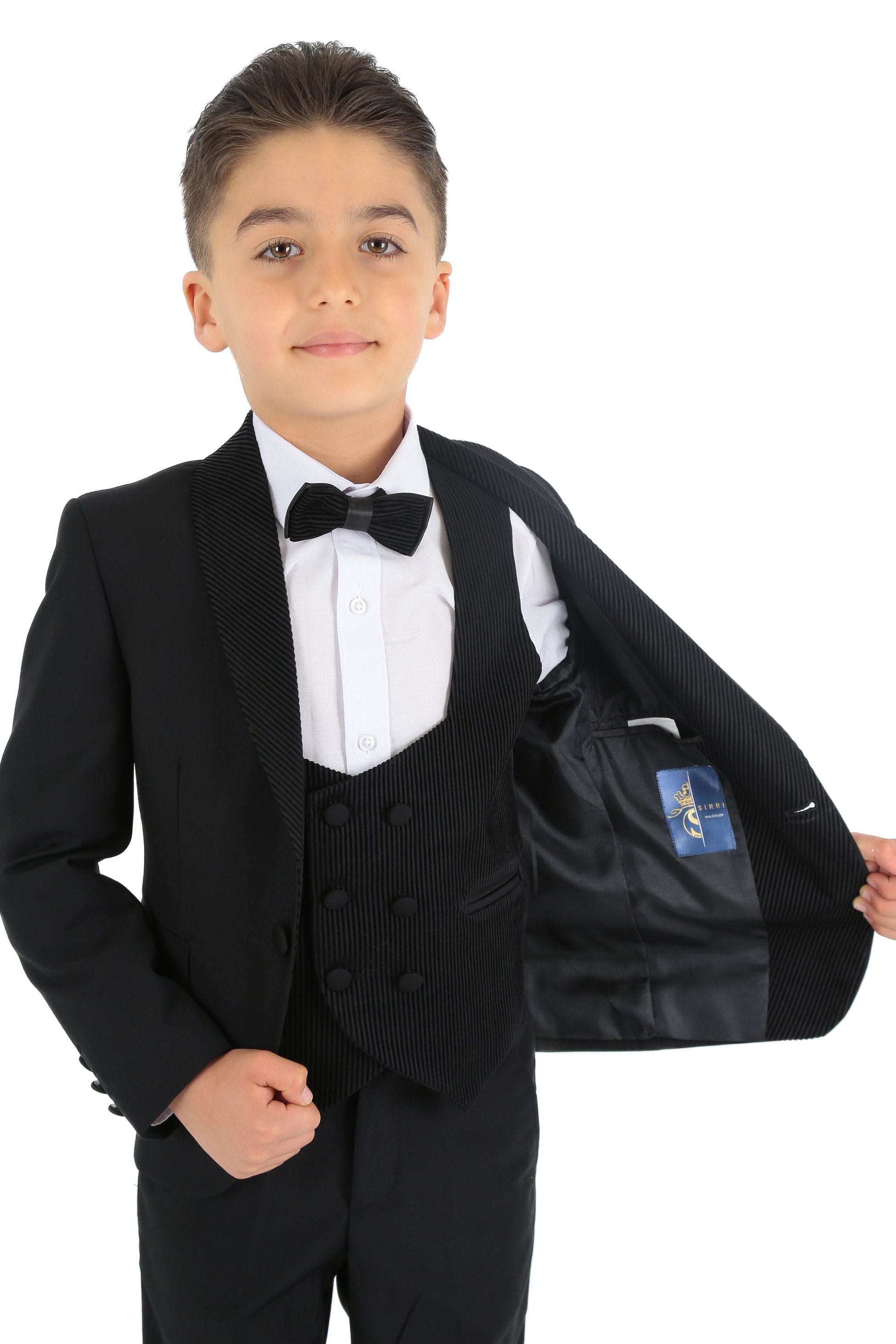 Boys Tuxedo Suit - Corduroy Velvet Waistcoat & shawl lapel - Black