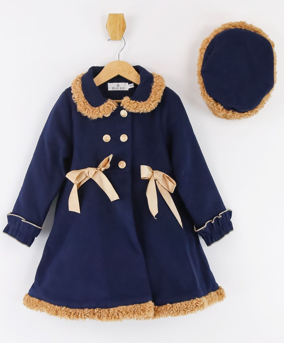 Girls Double-breasted Mid-Length Felted Wool Coat Set - Navy Blue