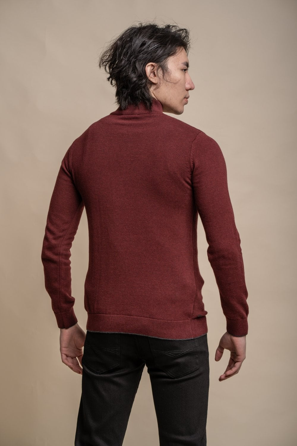 Men's Half Zip Knit Cotton Pullover - KYLE - Wine