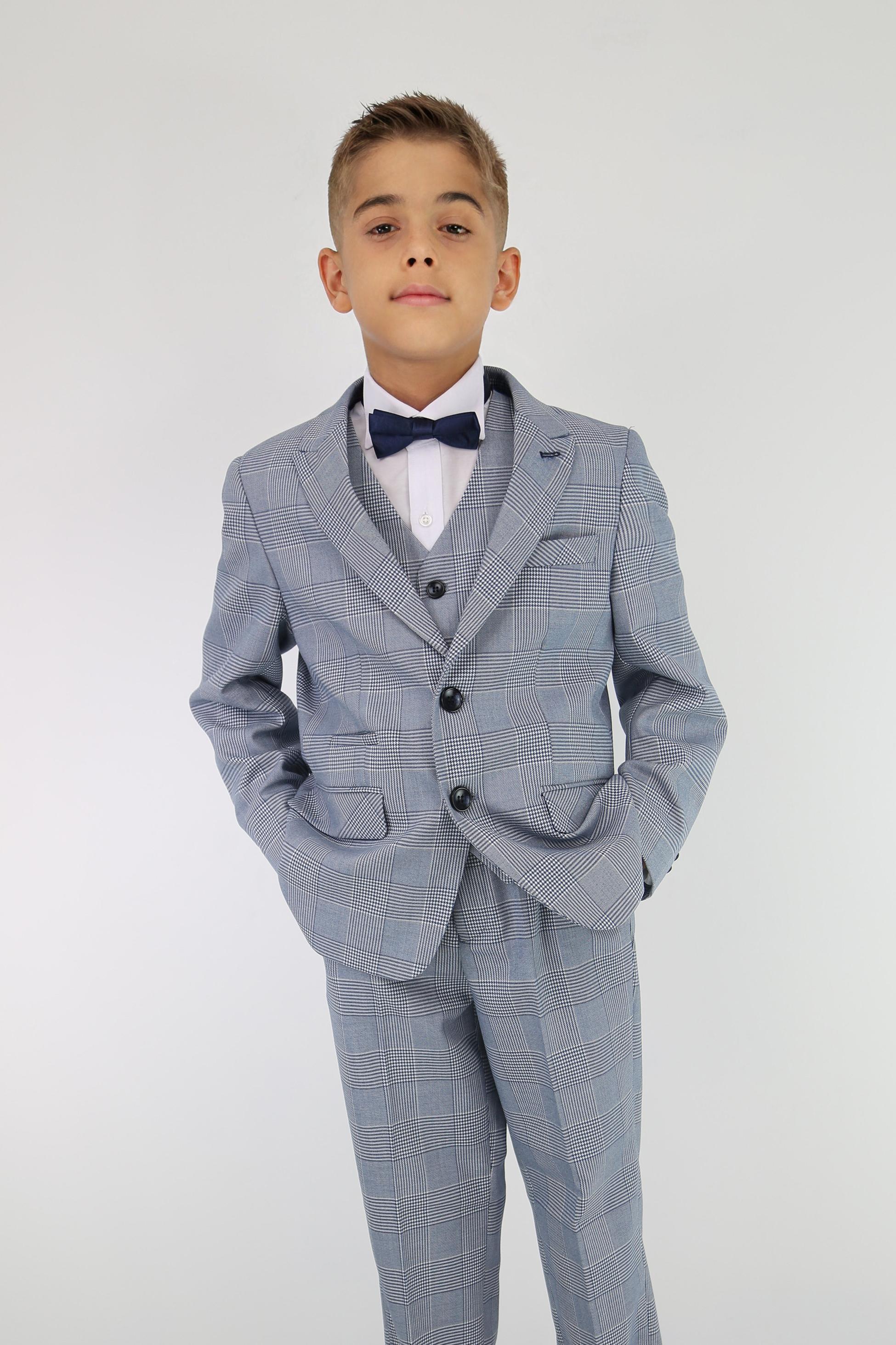 Boys Tailored Fit Tweed Check Suit - MARK - Sky Blue