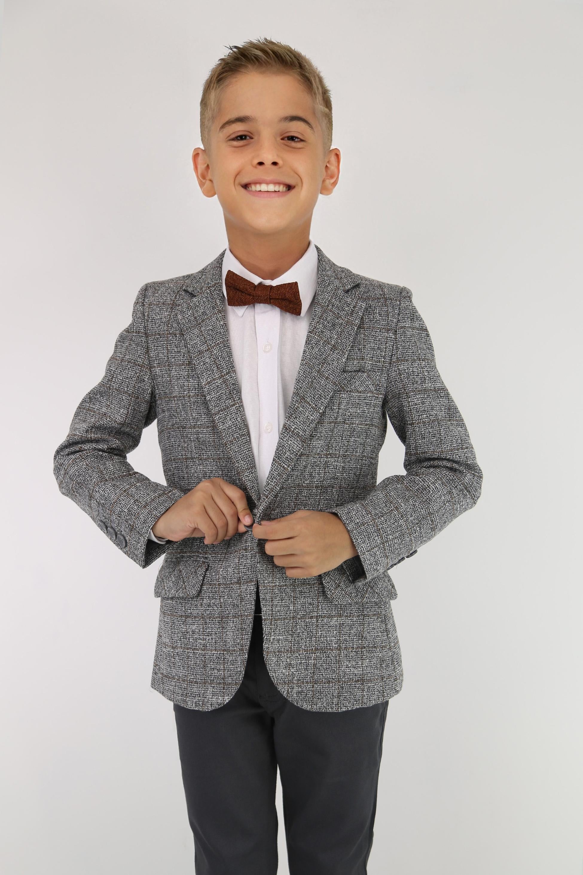 Boys Cotton Blend Tweed Like Check Blazer - Grey