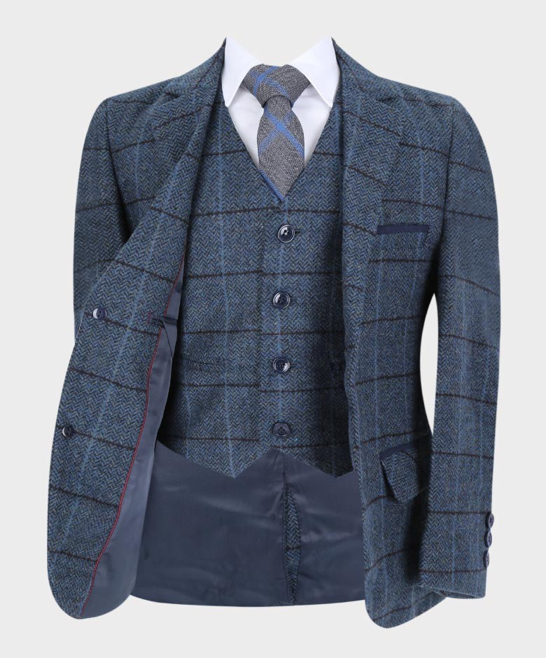 Boys Tailored Fit Herringbone Tweed Check Blue Suit - Blue