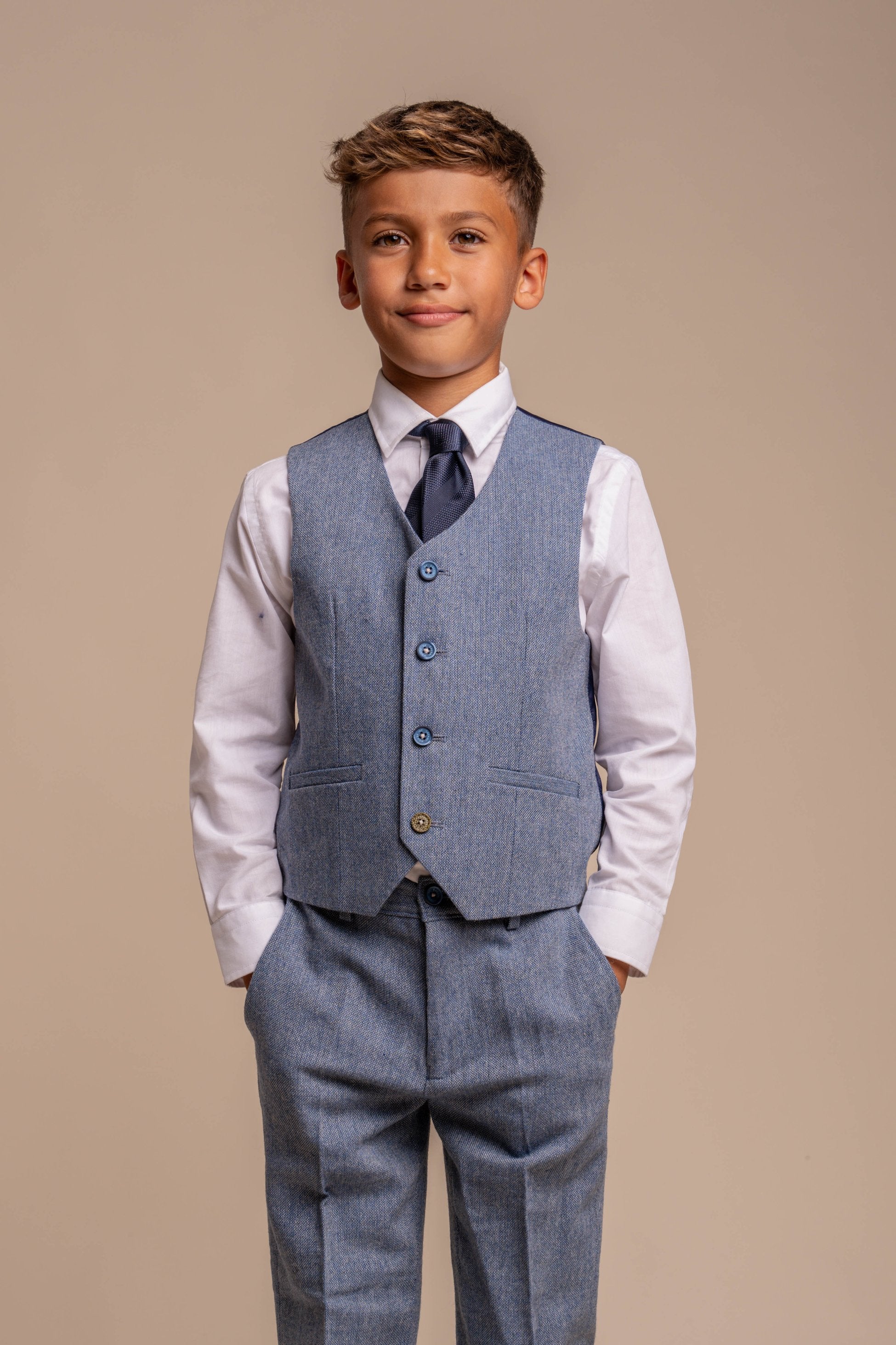 Boys Tweed Slim Fit Suit - WELLS Blue - Light Blue