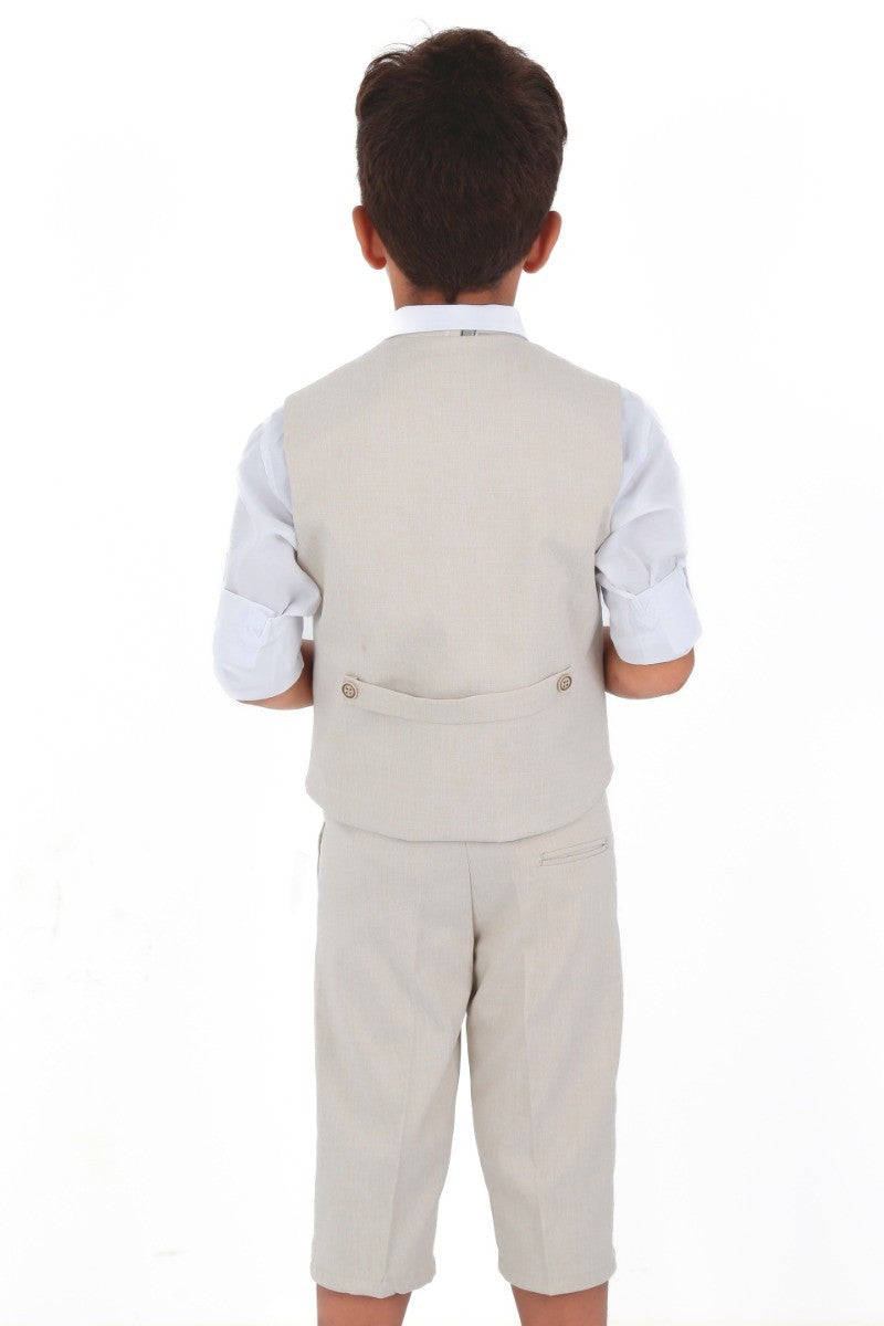 Boys Linen Waistcoat Suit Set - Light Beige