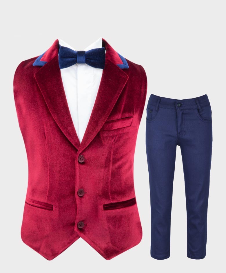 Boys Tailored Fit Velvet Blazer with Elbow Patches - Claret Red