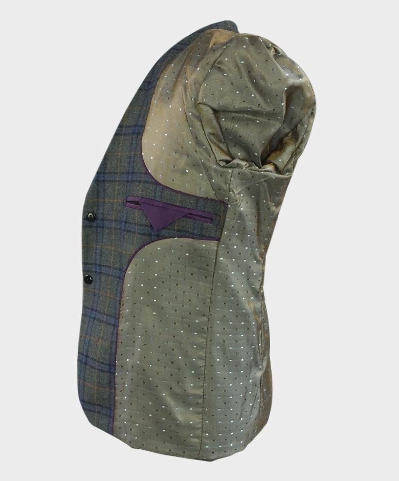 Boys Tailored Fit Windowpane Check Grey Suit - Blue - Orange