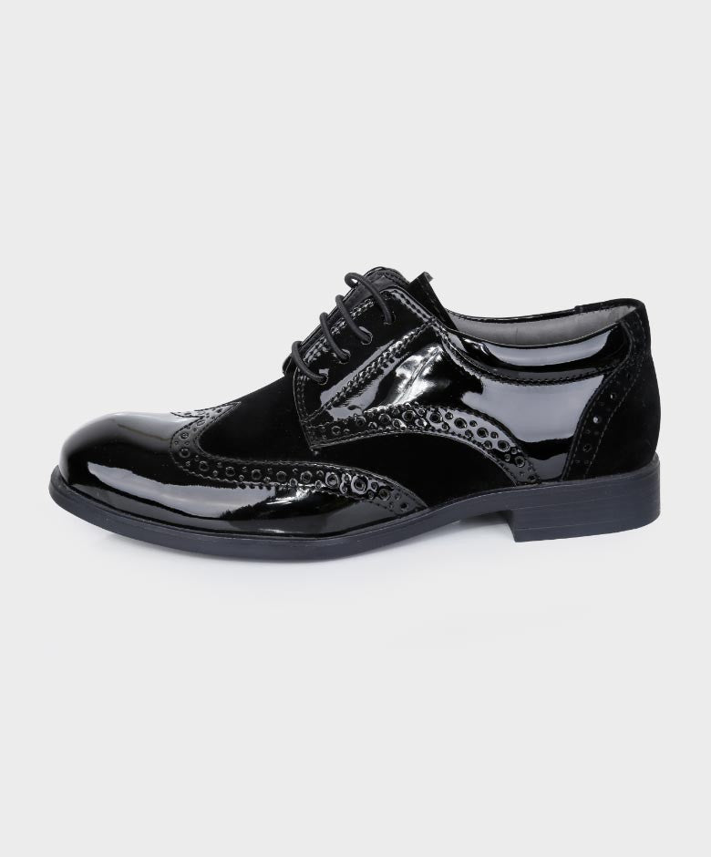 Boys Patent Leather & Suede Lace Up Brogue Derby Shoes - Black