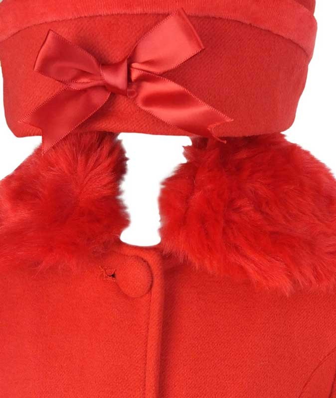 Girls Coat with Detachable Fur Collar and Hat Set - Red