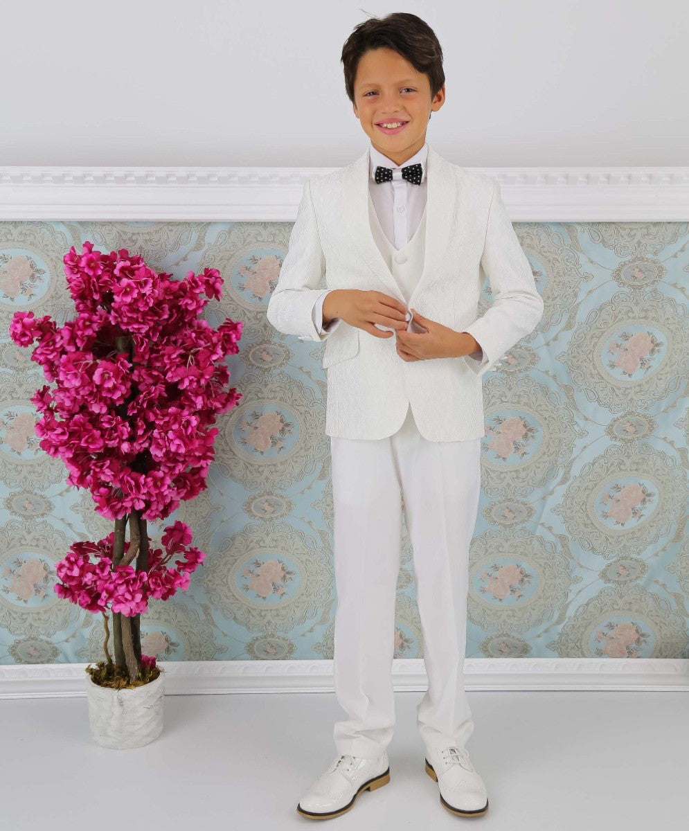 Boy Embroidered Slim Fit Communion Ivory Suit - Ivory