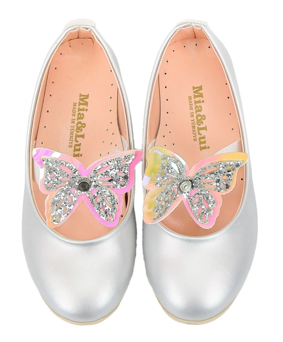 Girls Ballerina Butterfly Strap Flat Dress Shoes - Silver