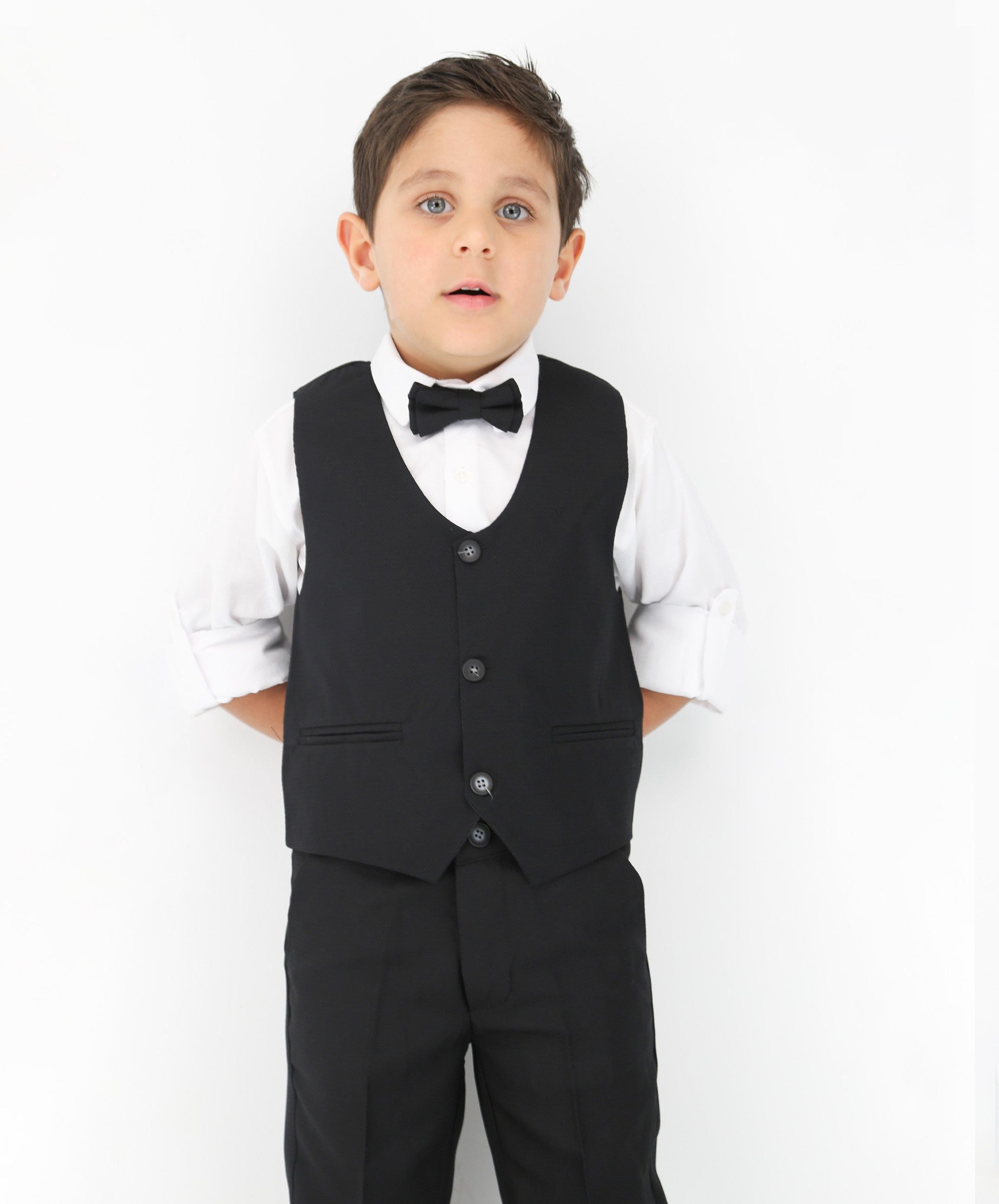 Boys' Slim Fit Textured Waistcoat Suit Set, Formal Outfit - Black