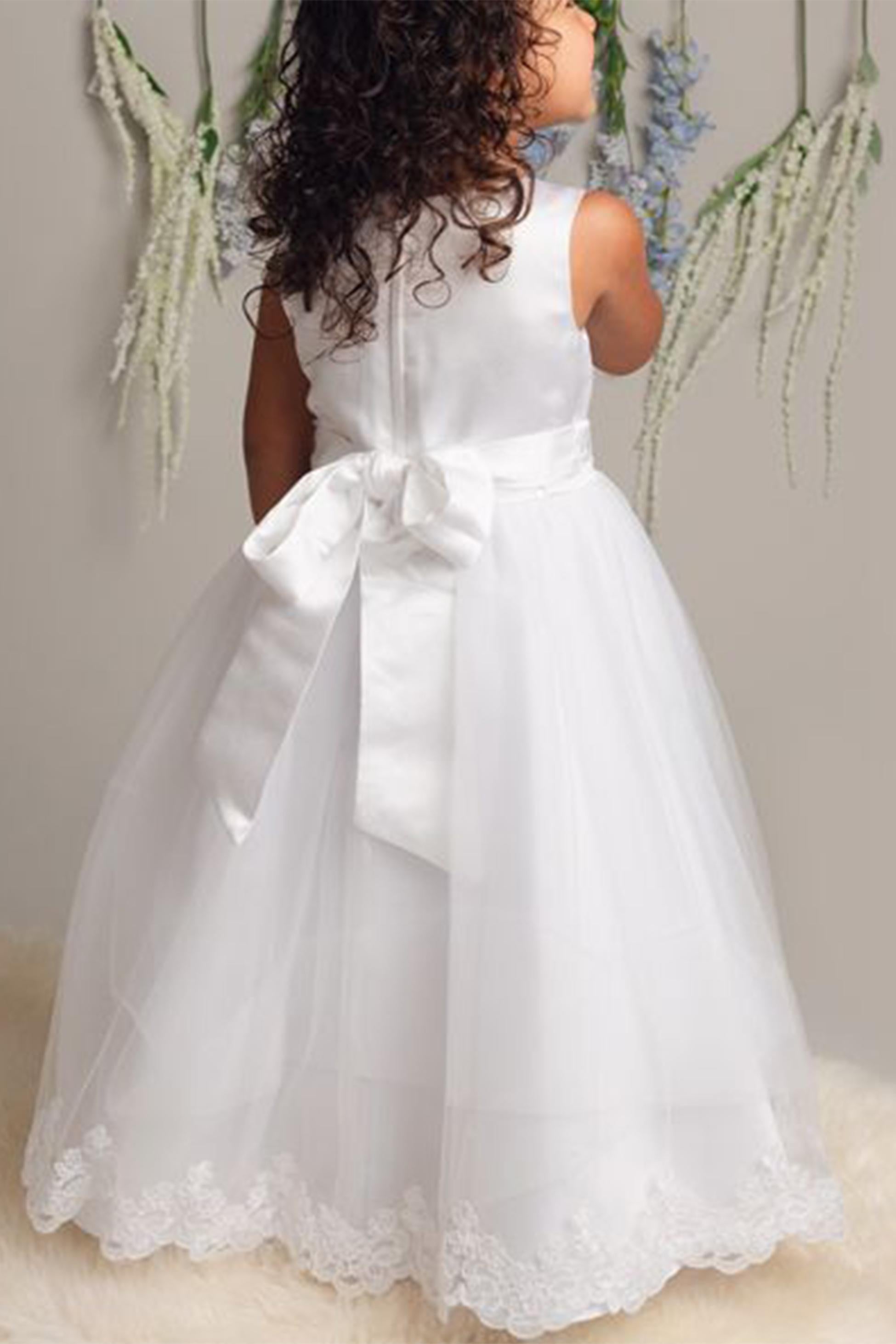 Flower Girl Long Dress with a Tulle Cape – CLAIRE - White