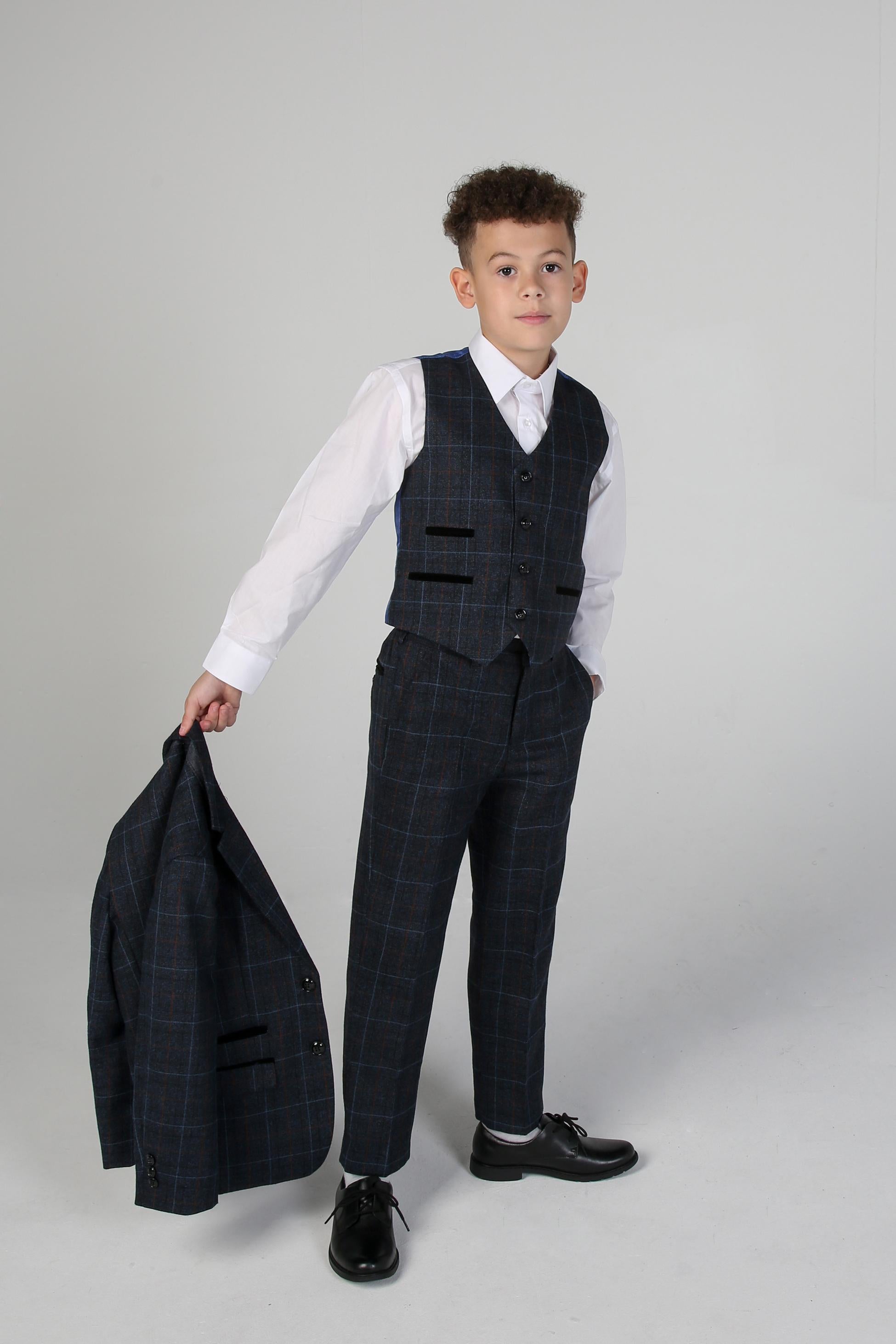 Boys Windowpane Tailored Fit Suit- HARVEY - Navy Blue