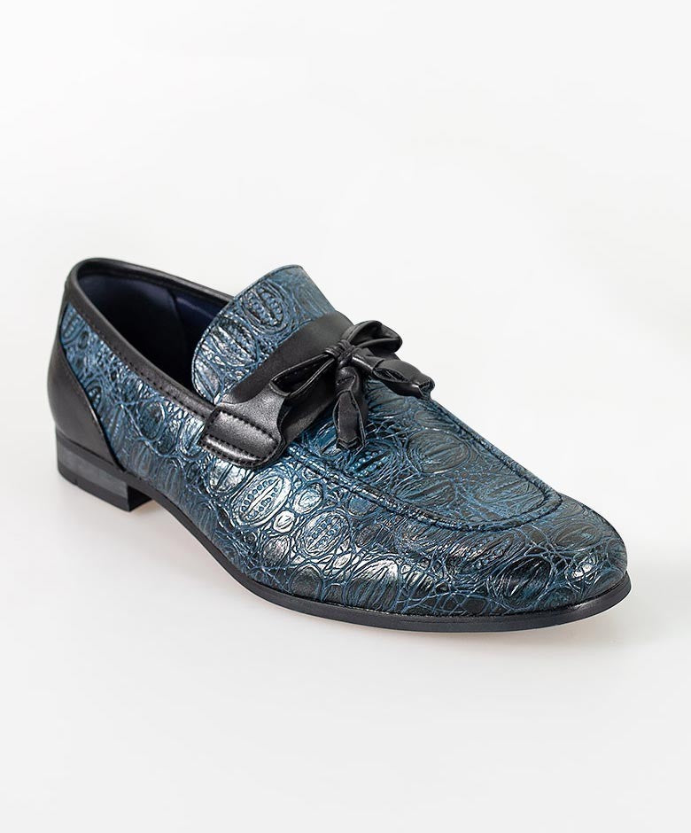 Men's Crocodile Embossed Tassel Loafers- BRINDISI - Navy Blue