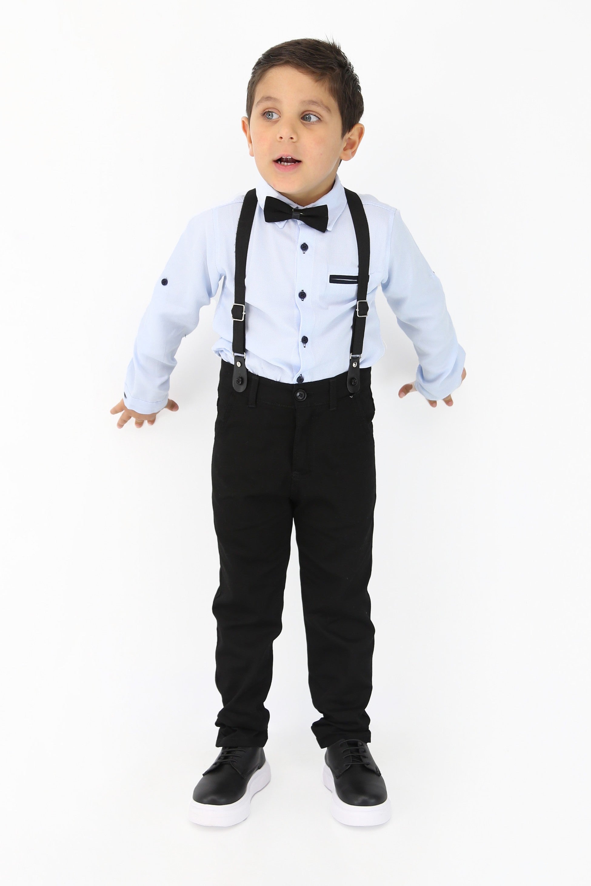 Baby & Boy Gentleman Outfit - 4 Piece Suspenders Pant Suit Set - OXFORD - Light Blue - Navy Blue