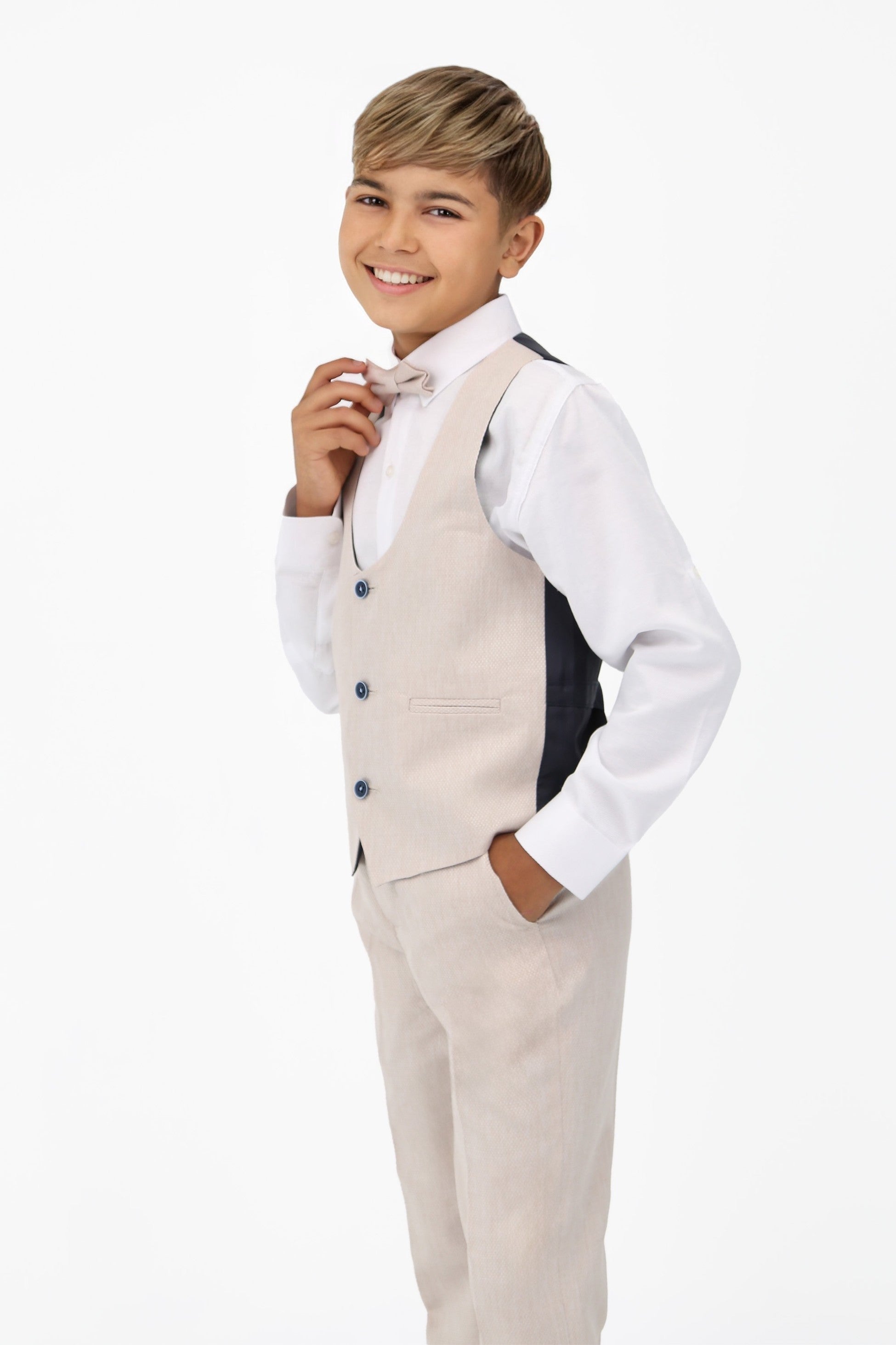 Boys' Slim Fit Self-Patterned 5 PC Suit Set - Beige