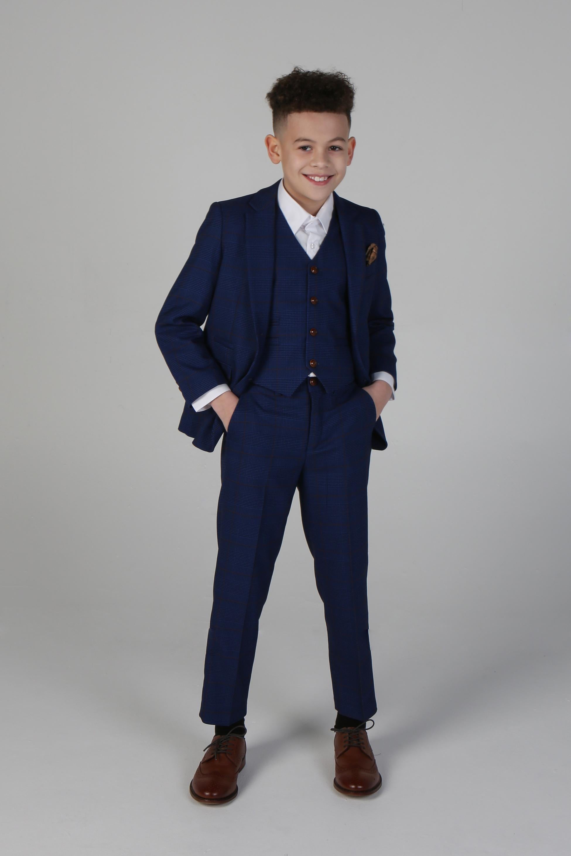 Boys Tweed Check Tailored Fit Navy Suit - ALEX - Royal Blue