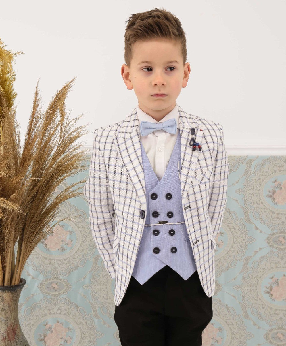 Boys Check Blazer and Double-breasted Waistcoat Suit Set - Blue