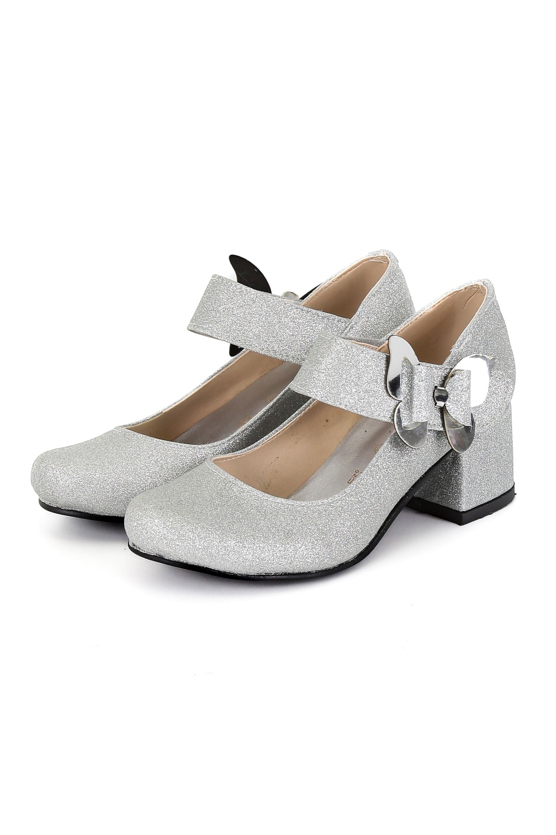 Girls Block Heel Glittery Mary Jane Shoes- AITANA - Silver