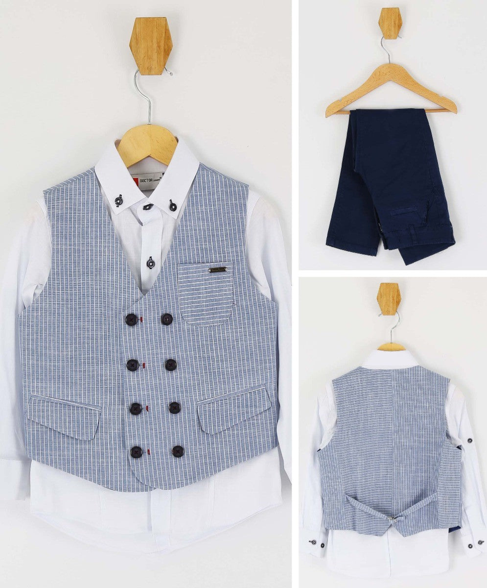 Boys Cotton Linen Pinstrip Waistcoat Suit Set - Navy Blue