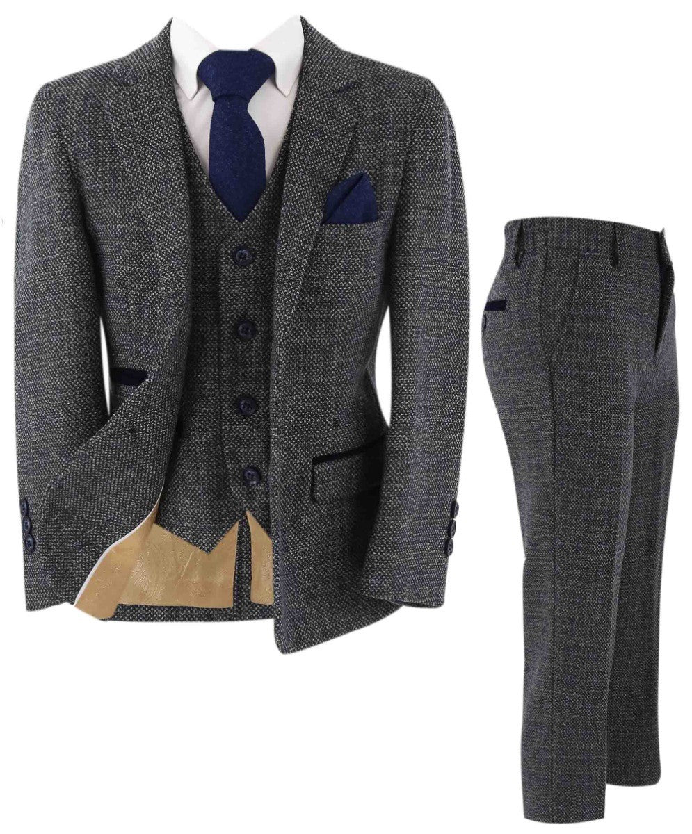 Boys Tweed Tailored Fit Formal Suit - Ralph - Grey - Navy Blue