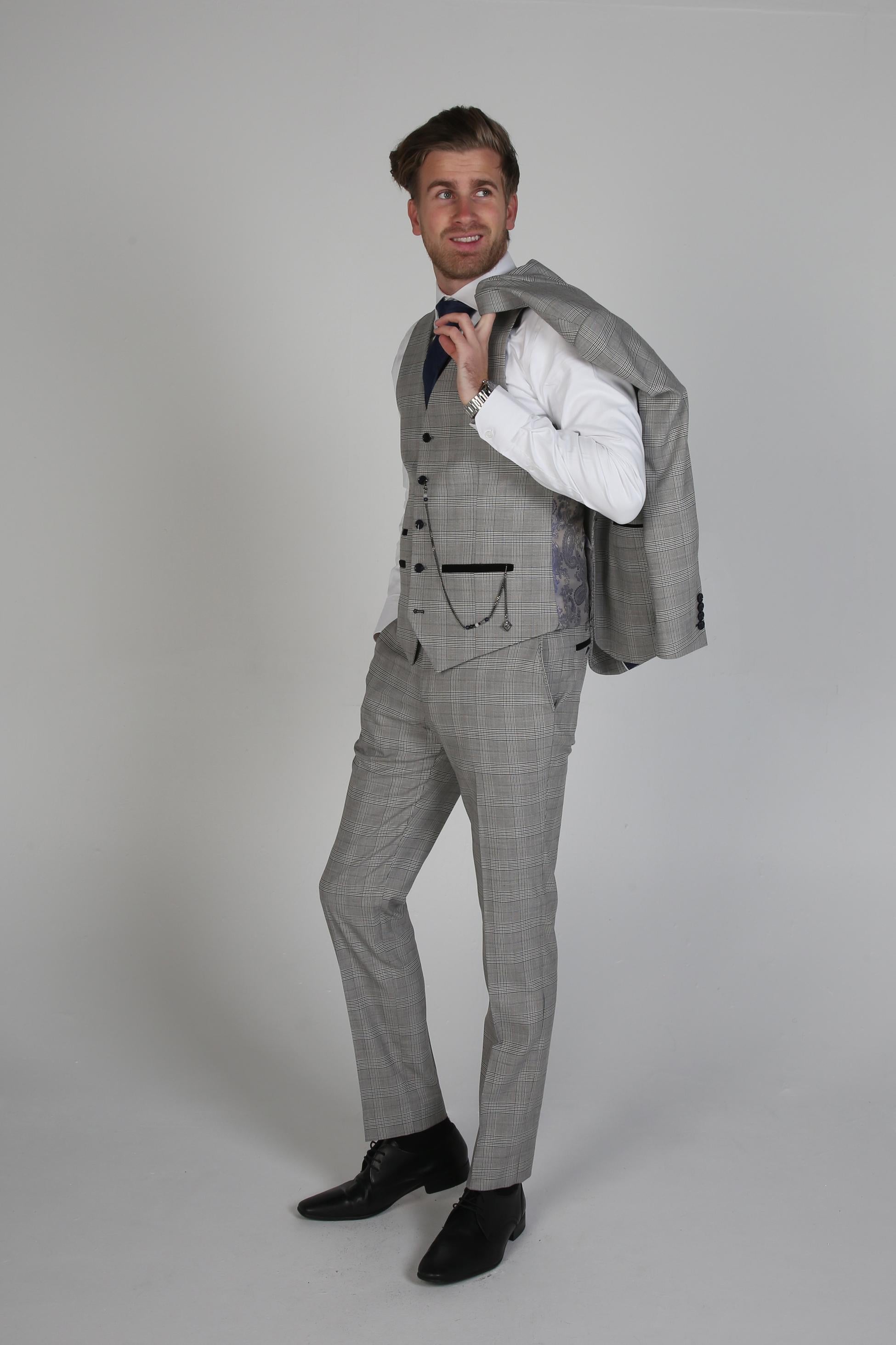 Men's Windowpane Tweed Check Formal Suit - HUGO - Grey