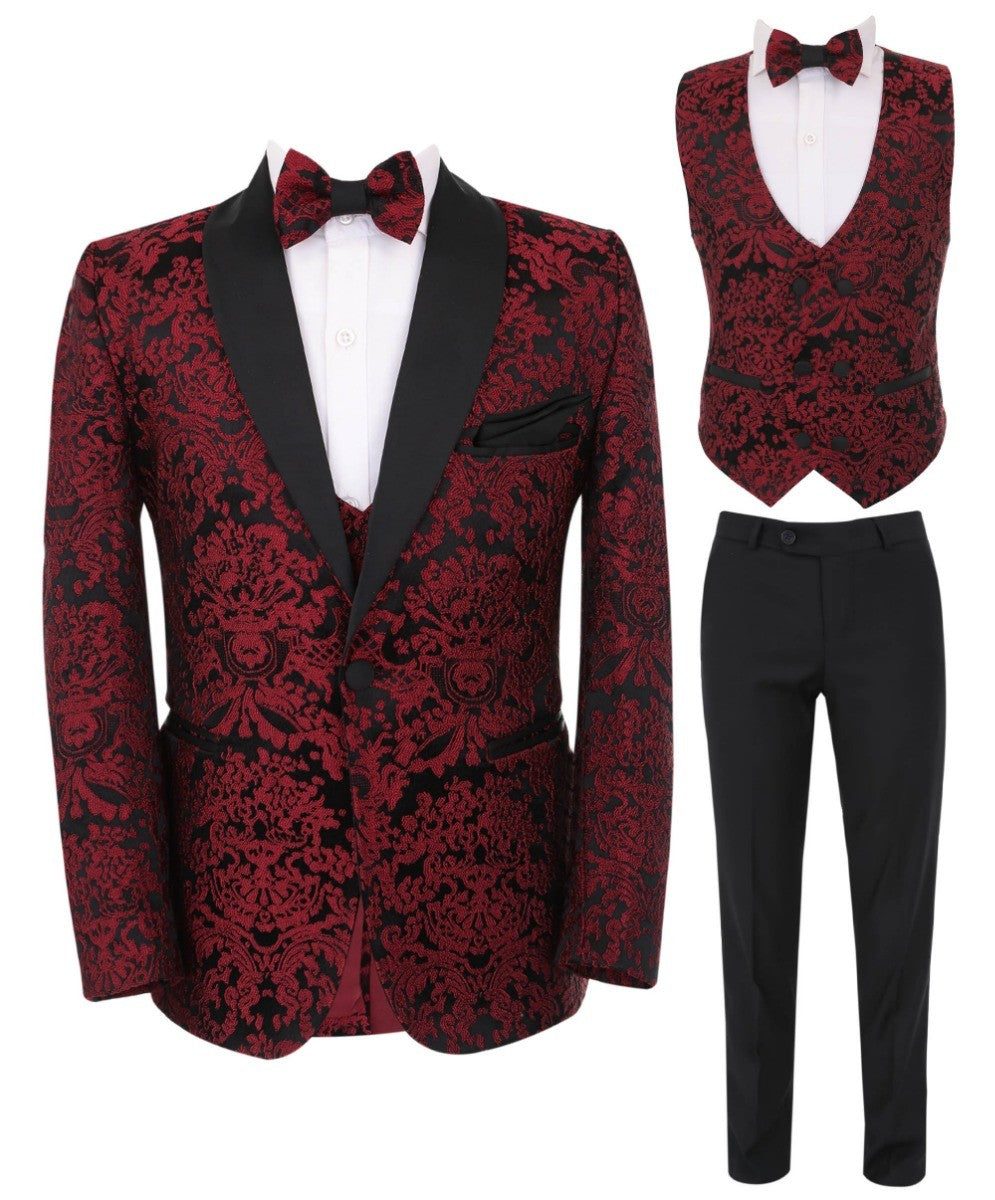 Boys Floral Embroidered Tuxedo Suit Set - Burgundy