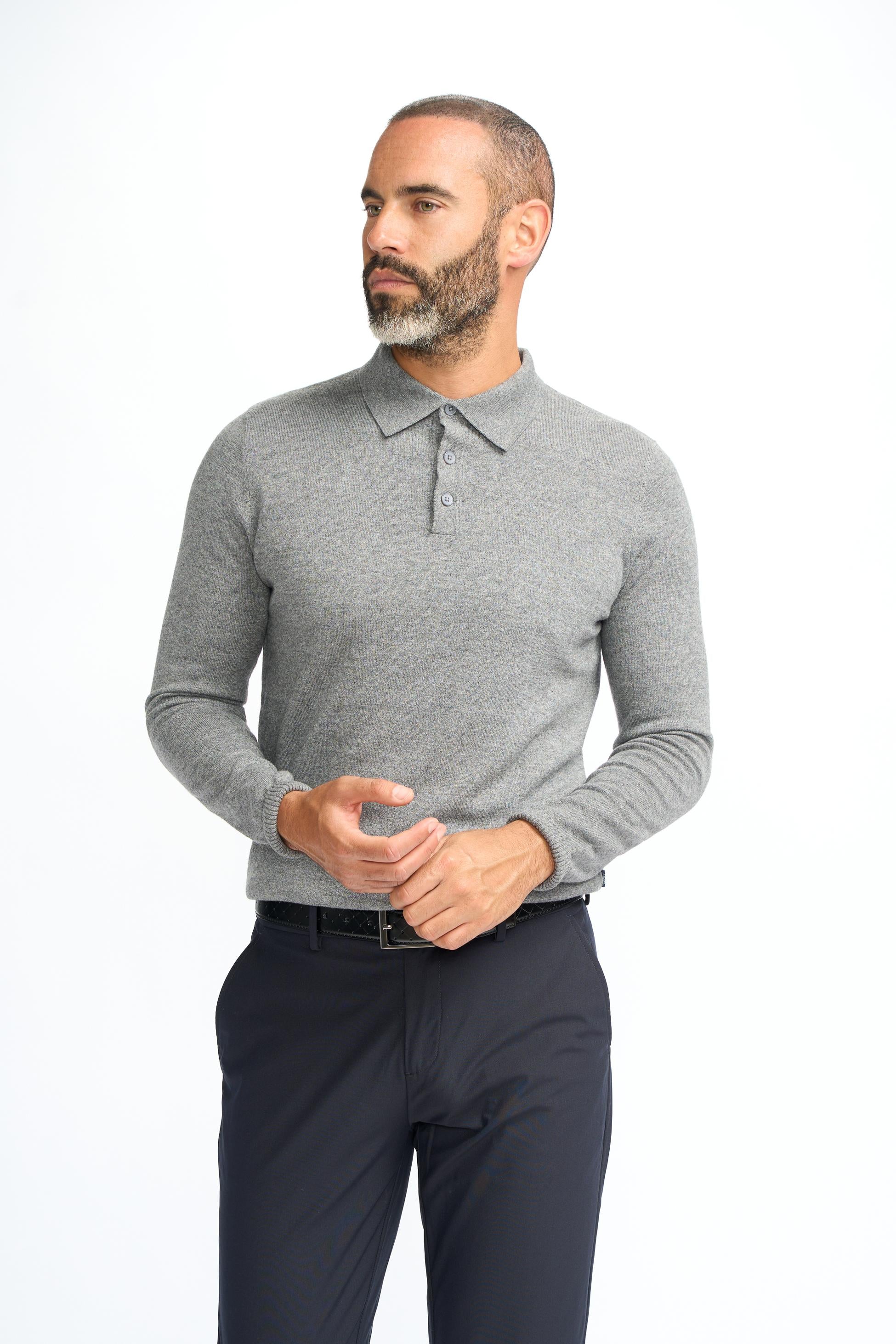 Men’s Wool Knit Long Sleeve Polo Shirt - Boom - Grey