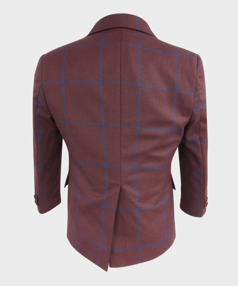 Boys Tailored Fit Windowpane Check Suit - Burgundy