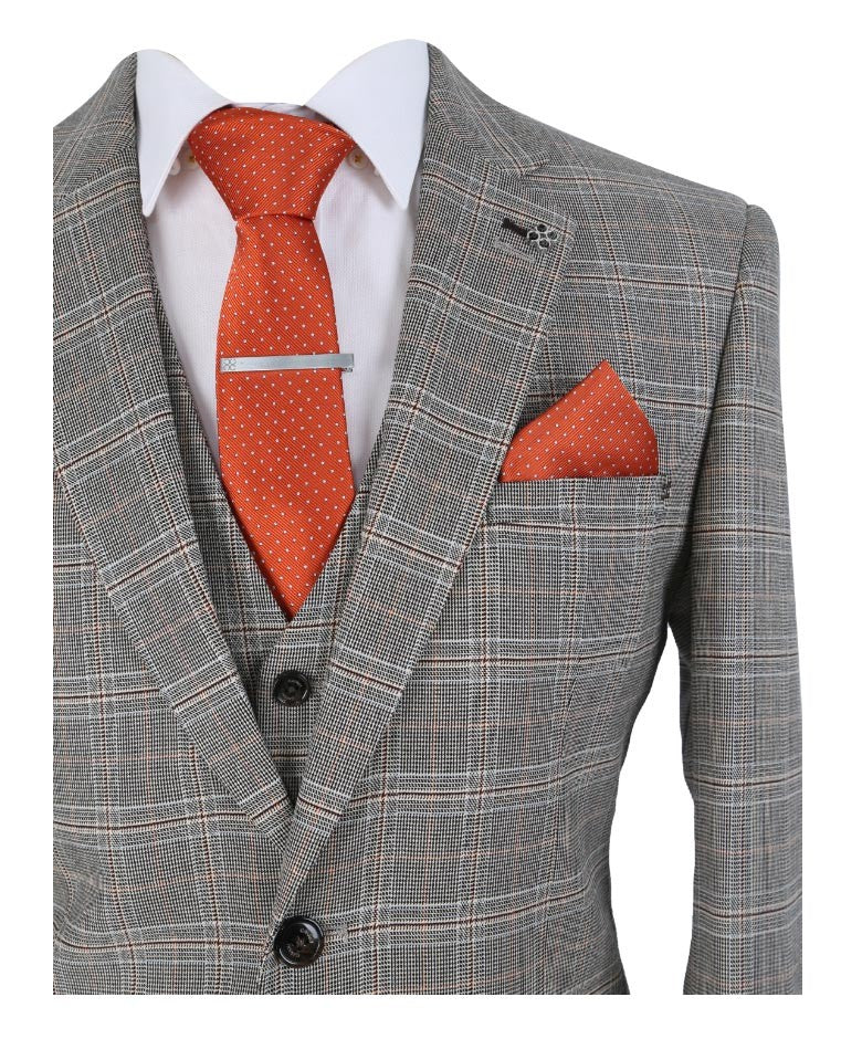 Men's Slim Fit Retro Check Suit - Quincy Stone - Stone Brown