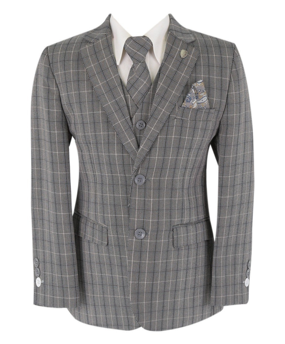 Boys Tweed Check Tailored Fit Suit - Grey