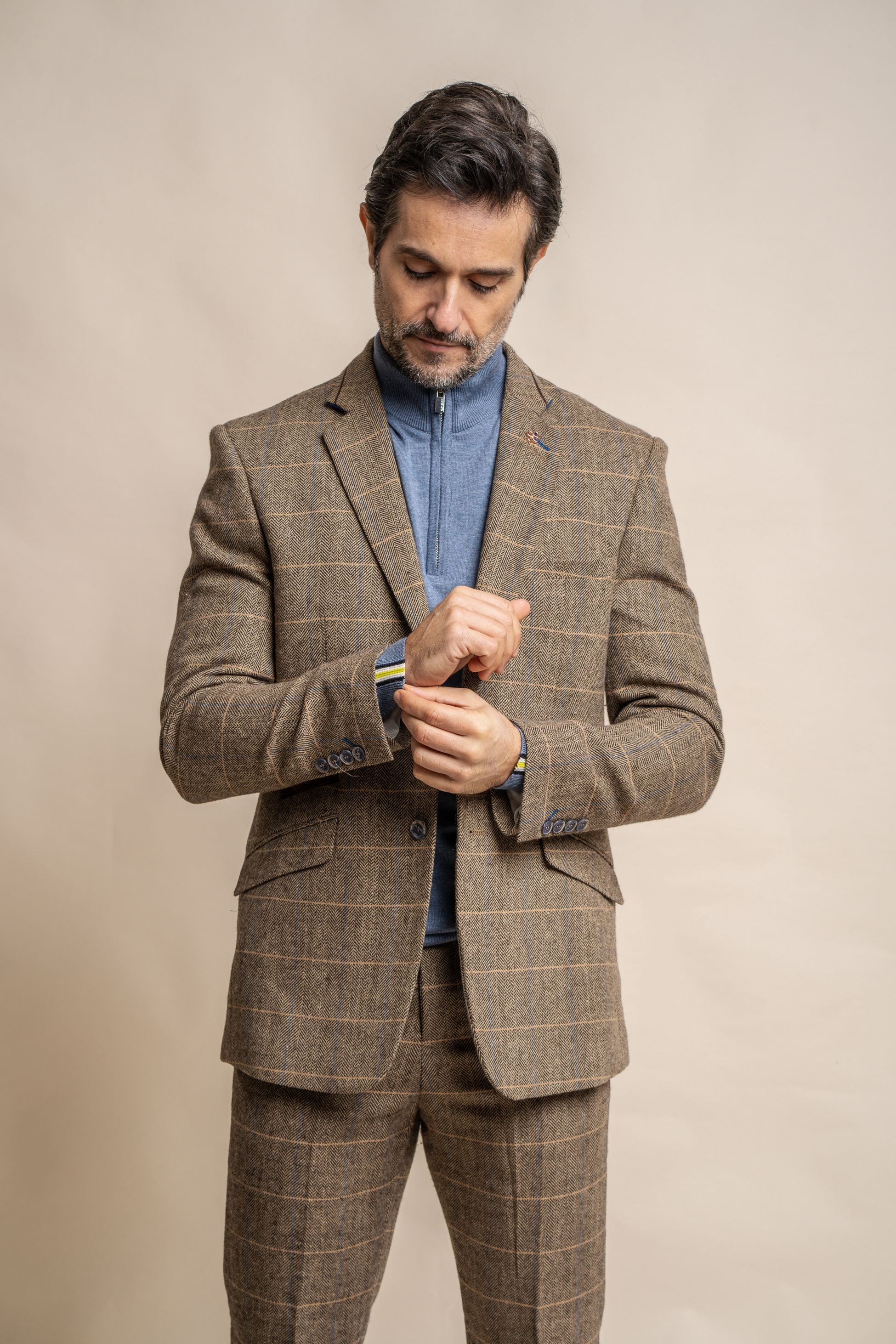 Men's Wool Blend Herringbone Check Suit Jacket - Albert - Tan Brown