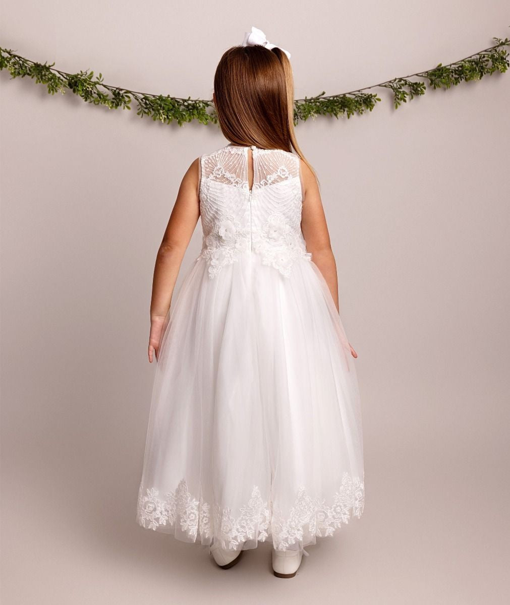 Girls Lace Floral Embroidered Ivory Dress - DAVINA - Ivory