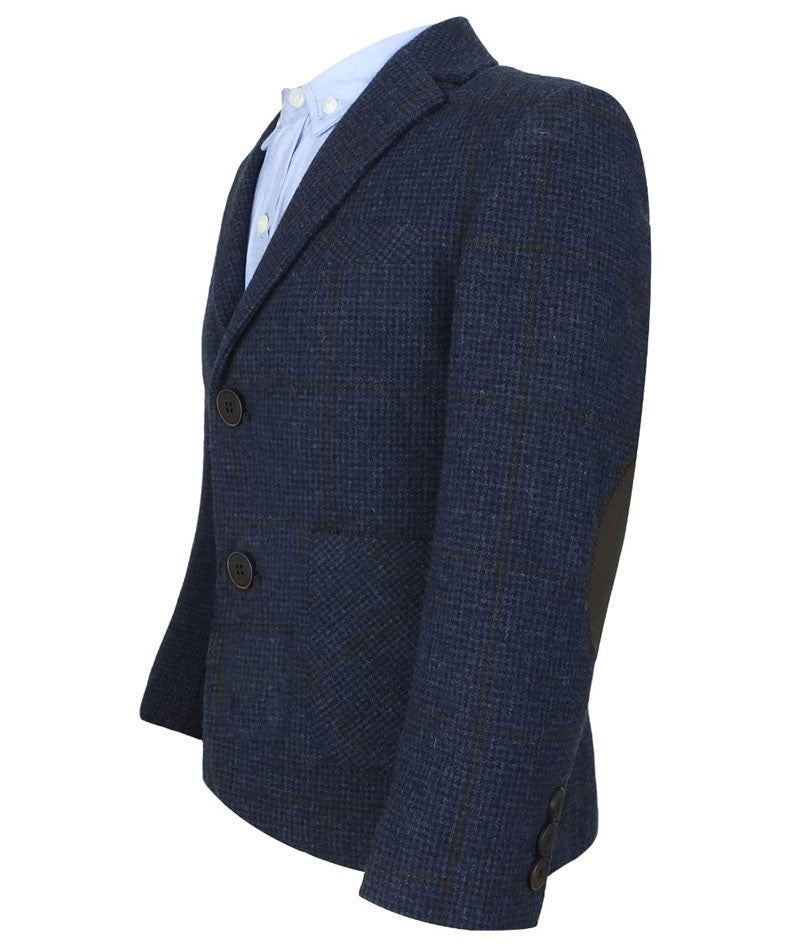 Boys Herringbone Windowpane Wool Suit - Navy Blue - Brown