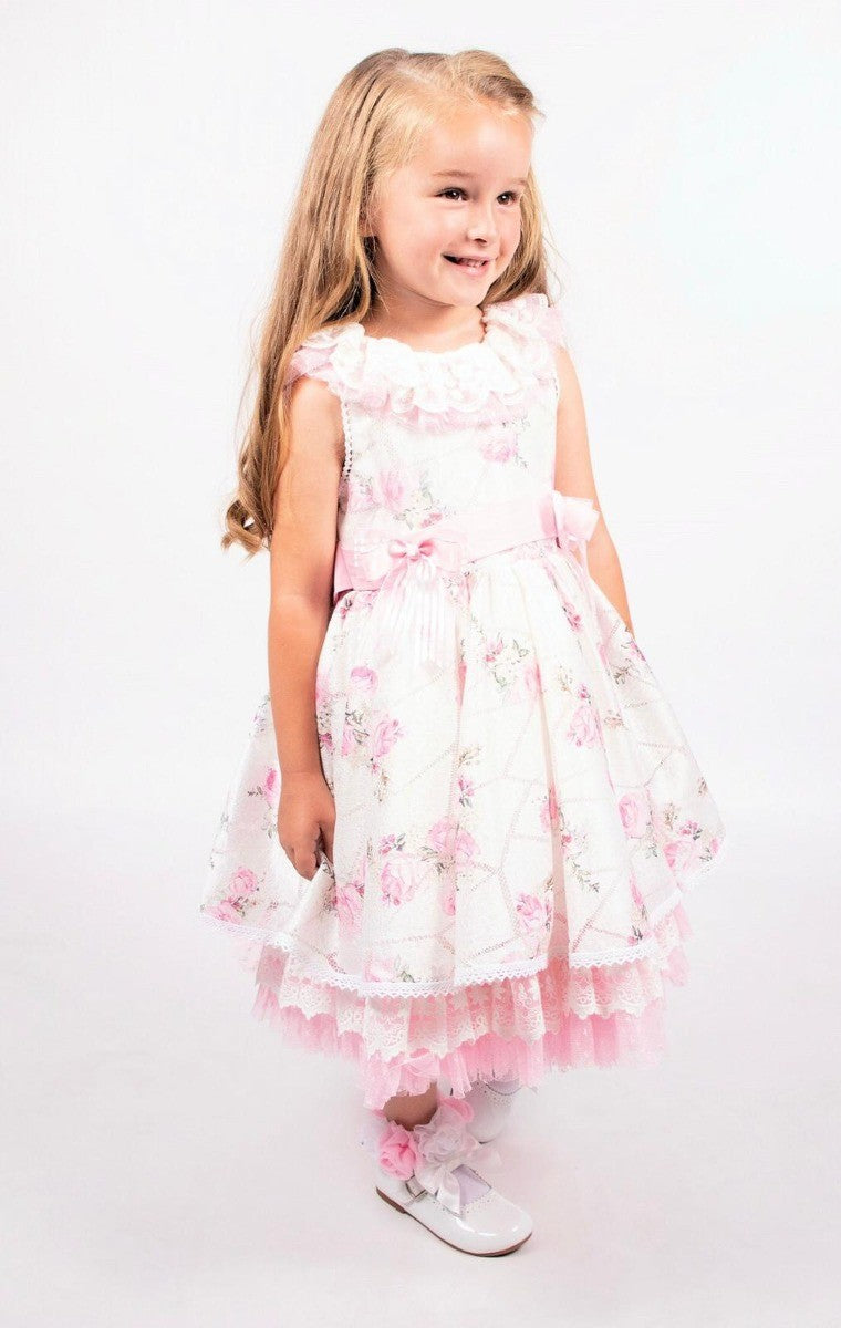 Girls Floral Sleeveless Lace Ruffles Dress - White and Pink