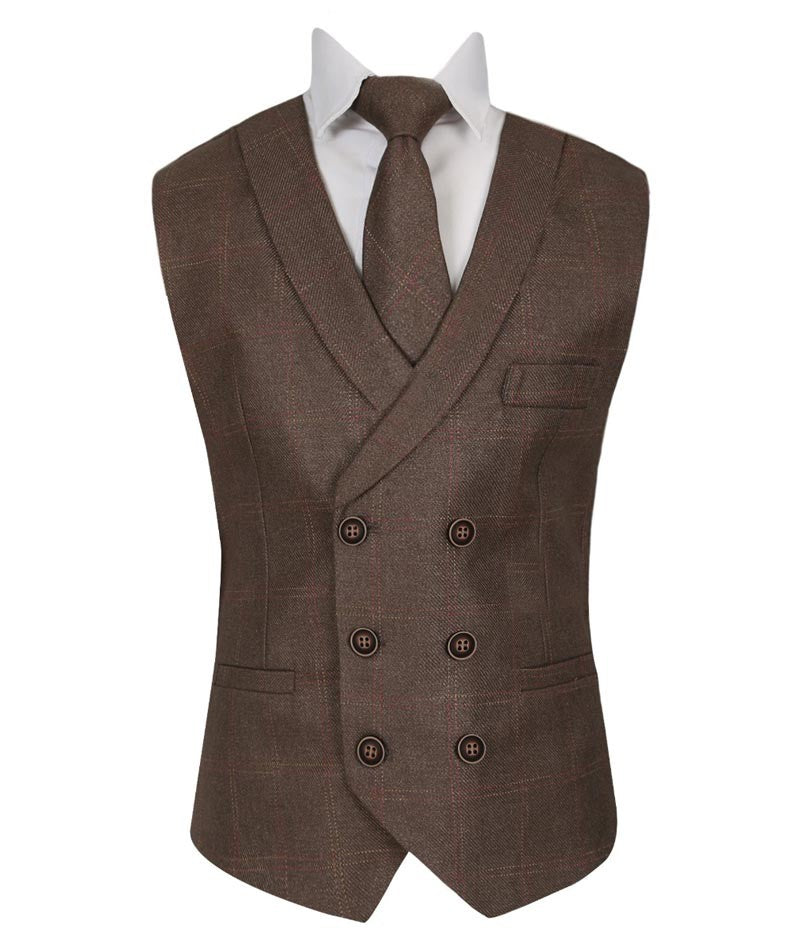 Men's and Boys Tweed Check Waistcoat Set - Maroon- Brown