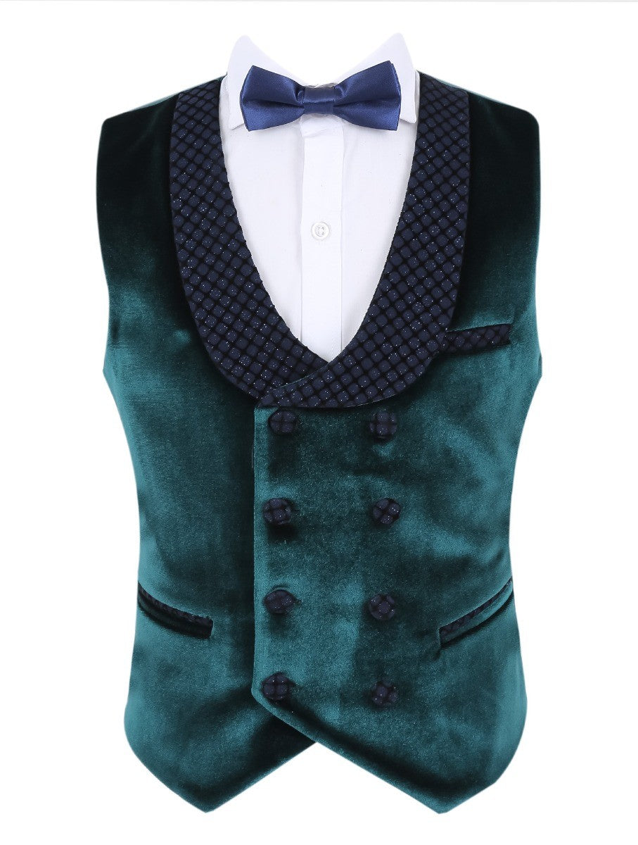 Boys Velvet Slim Fit Tuxedo Dinner Suit - Dark Green