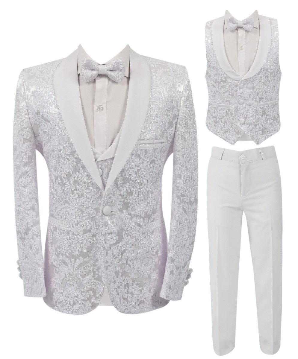 Boys Floral Patterned White Tuxedo Suit Set - RICHARD - White