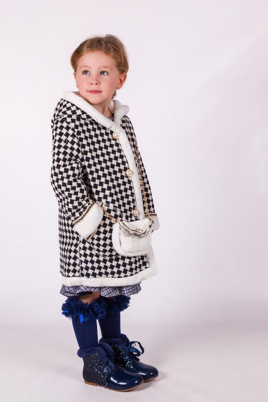 Girls' Cream & Black Hooded Houndstooth Coat & Handbag - Cream and Black