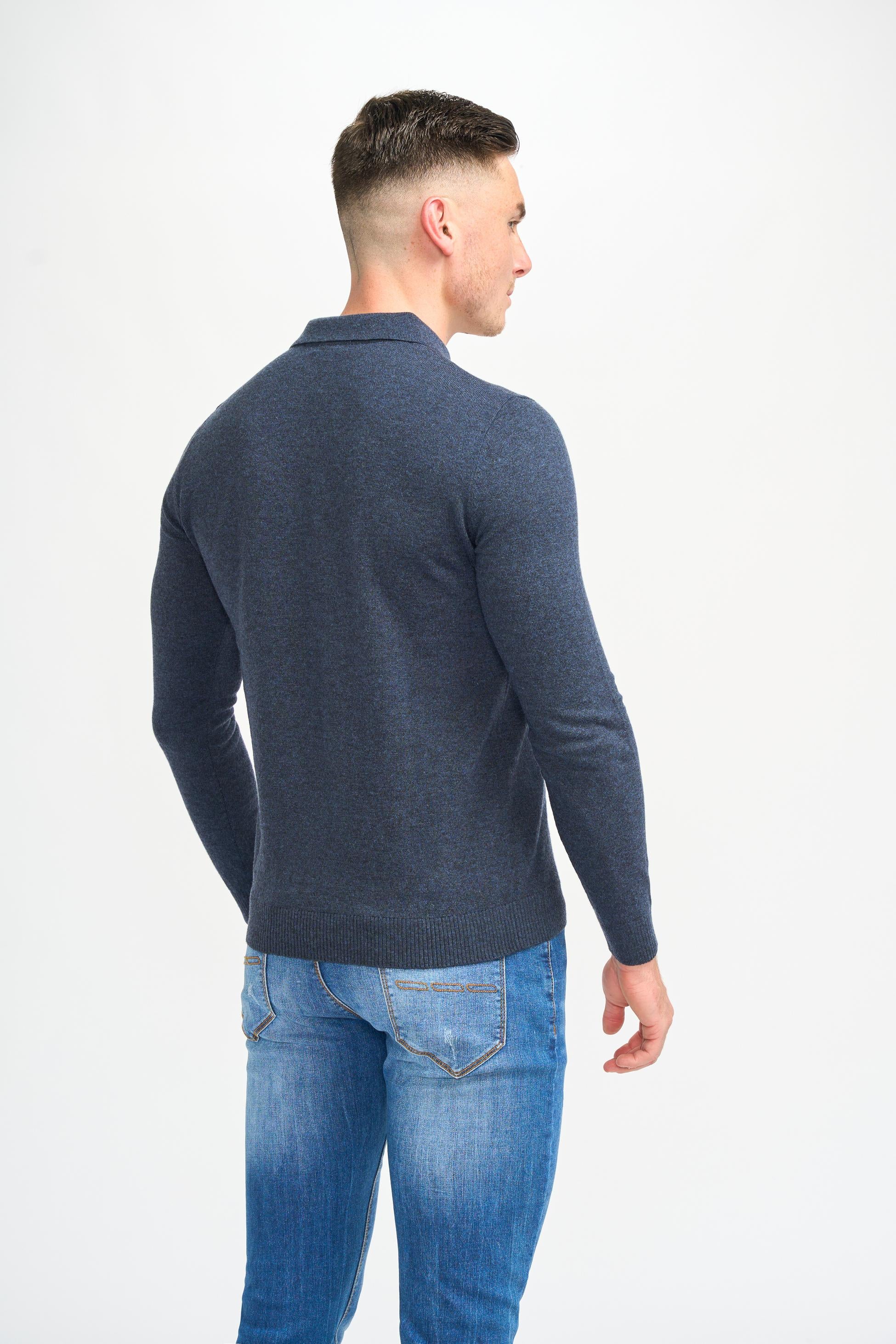 Men’s Wool Knit Long Sleeve Polo Shirt - Boom - Navy Blue