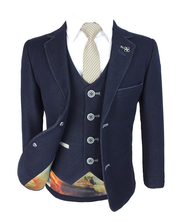 Boys Denim Look Navy Slim Fit Suit - FABIAN - Navy Blue