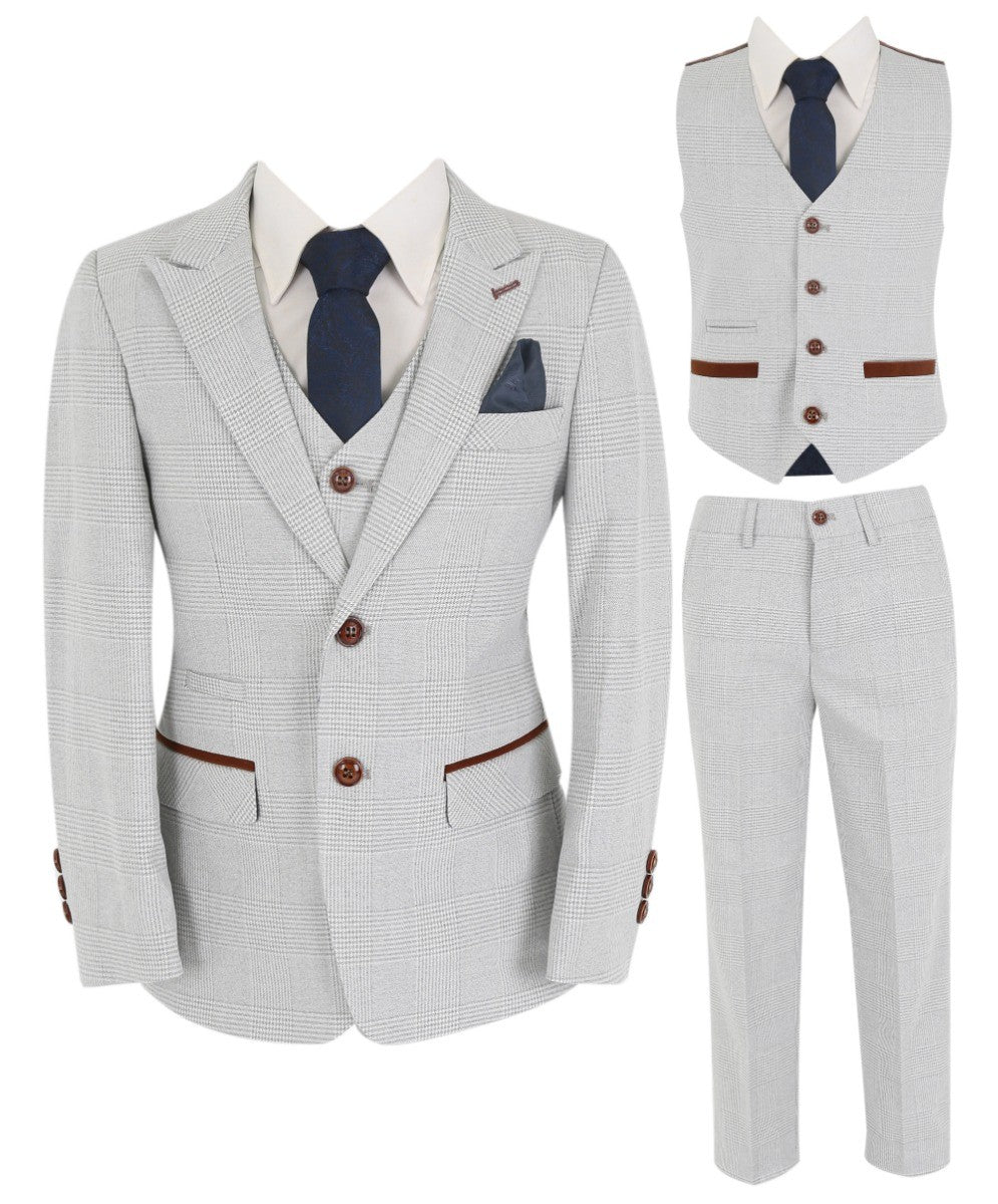 Boys Tailored Fit Tweed Check Suit - MARK - Stone Beige