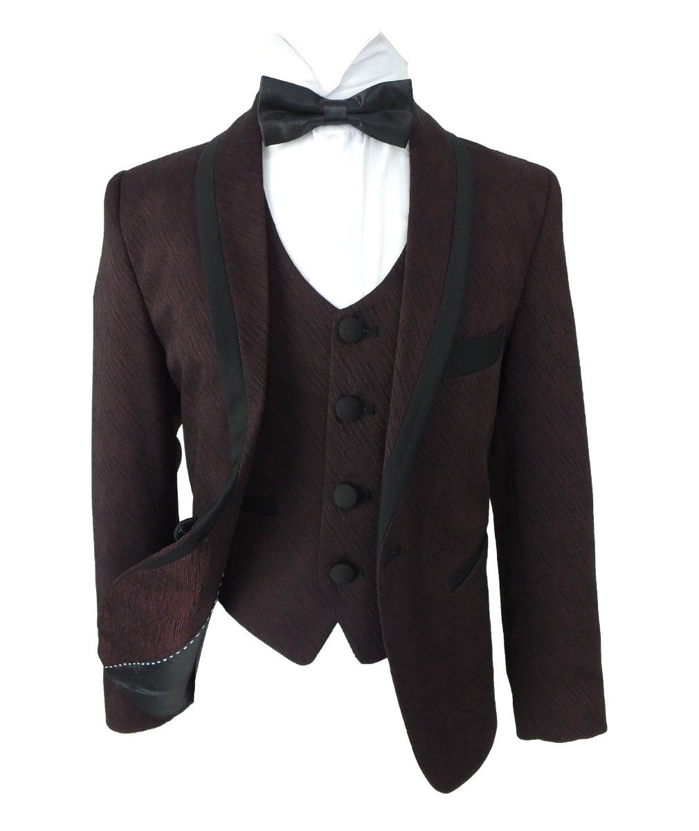 Boys Piping Textured Suit - MATTEO - Burgundy