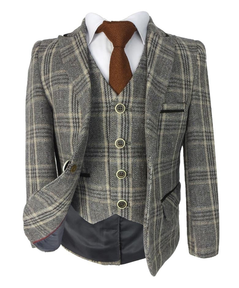 Boys Herringbone Tweed Check Suit with Elbow Patches - LUCAS - Brown